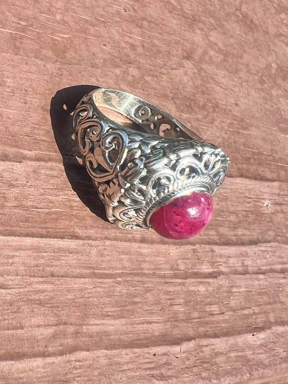 Antique Sterling Silver Filigree Ring with Genuine Natural Ruby Gemstone